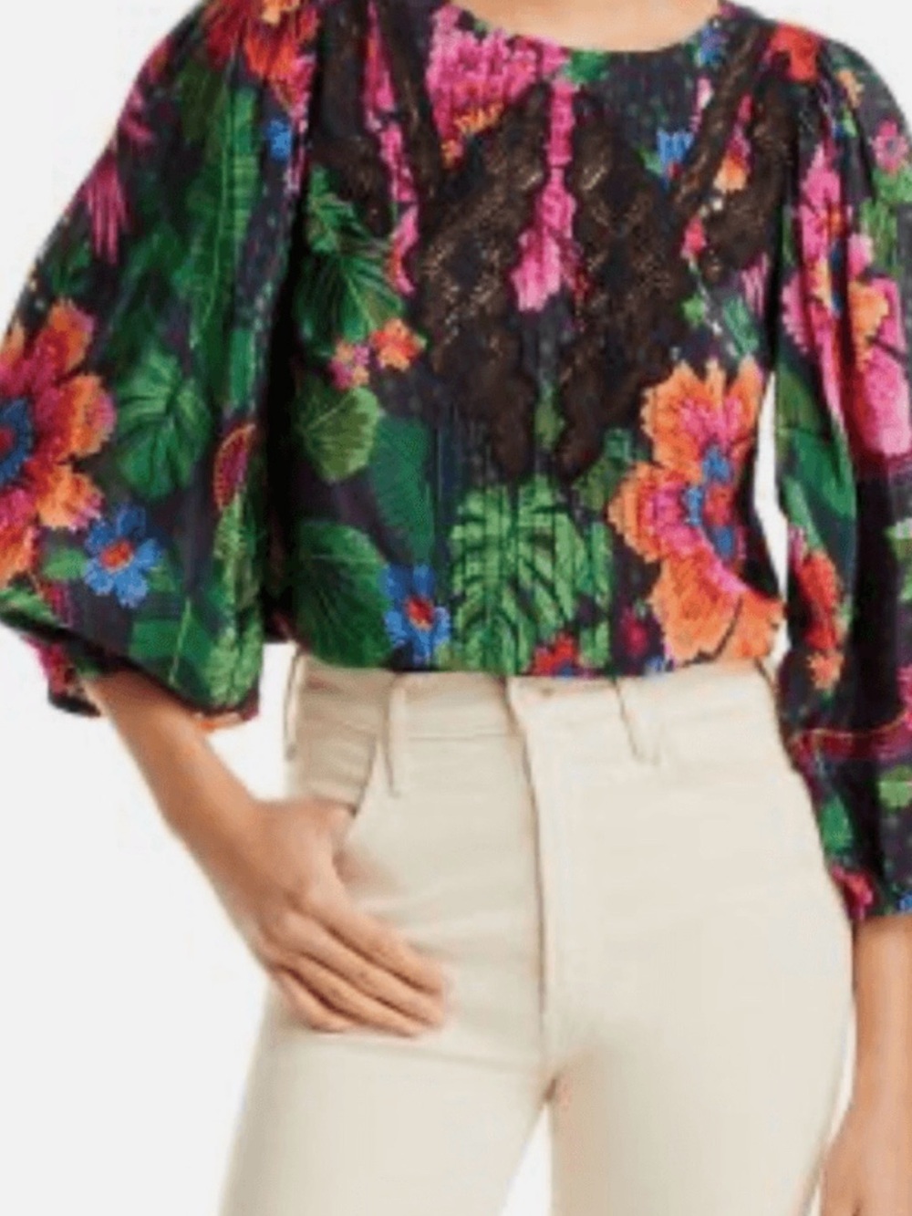 FARM Rio - XS - Floral Lace-Accent Puff Sleeve Blouse in Black/Multi